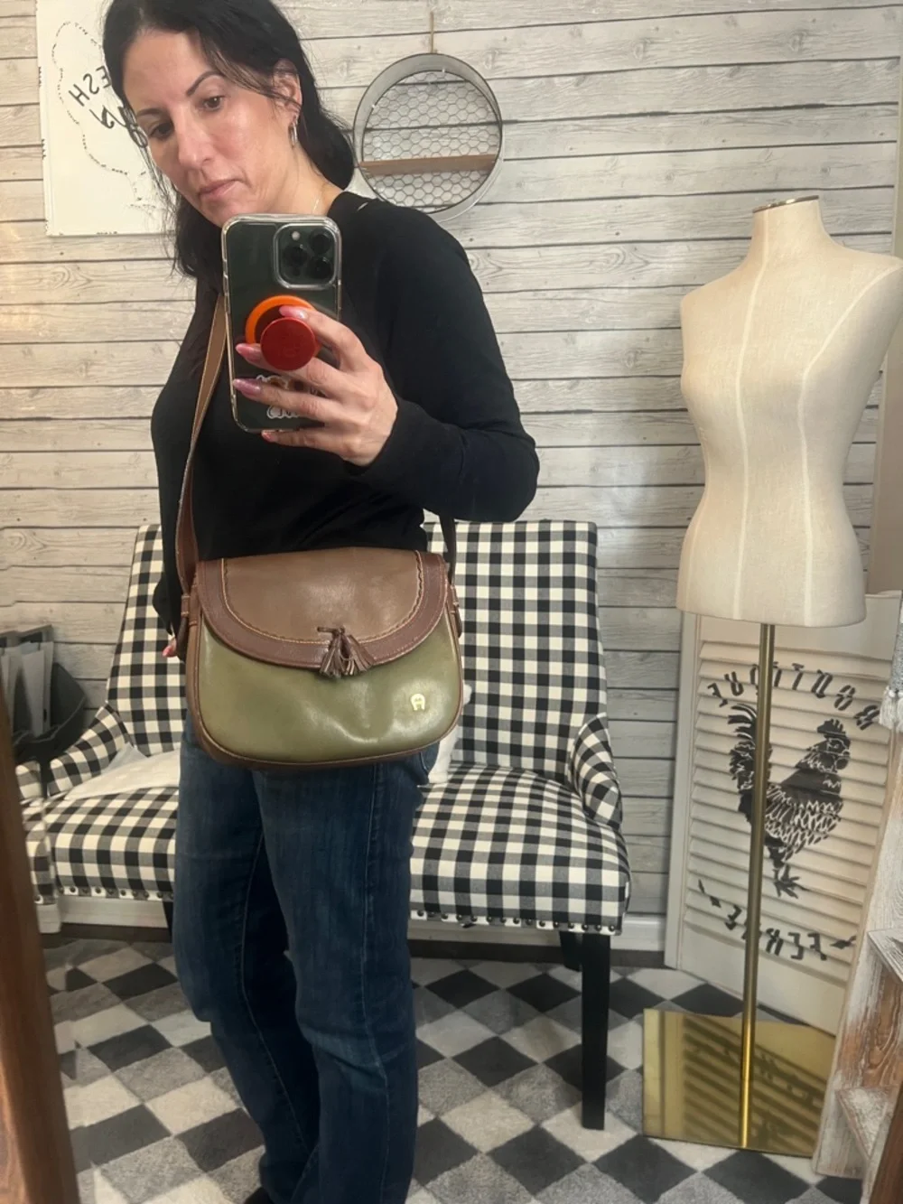 Etienne Aigner Olive and Brown Leather-Trim Crossbody Saddle Bag